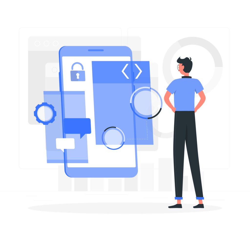 A person standing in front of a smartphone with a lock icon, indicating secure access to the device.